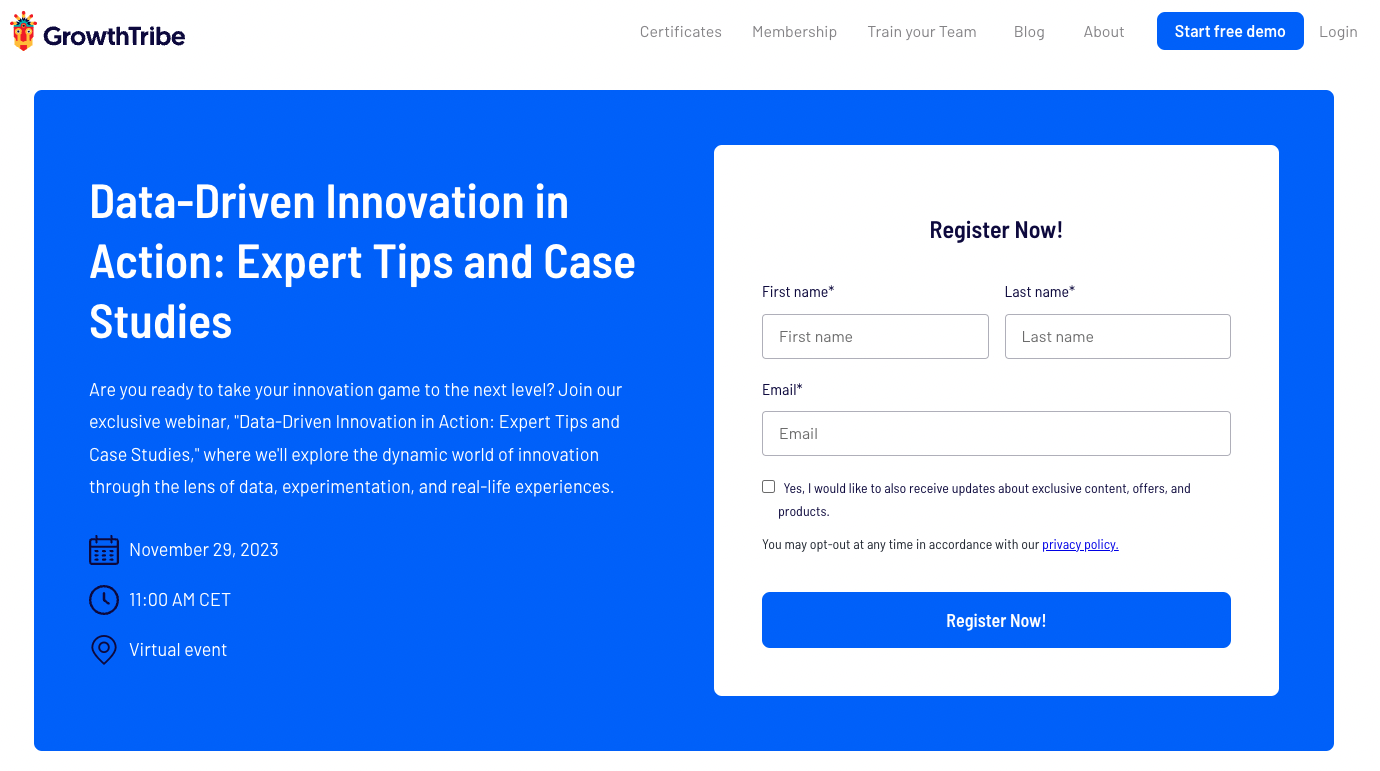 Growth Tribe landing page for events