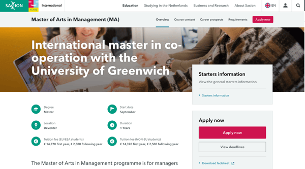 Masters of Arts in Management (MA) at Saxion University