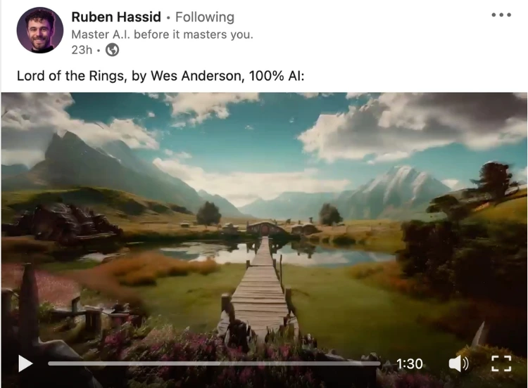 Lord of the rings video generated by AI on the LinkedIn profile of Ruben Hassid