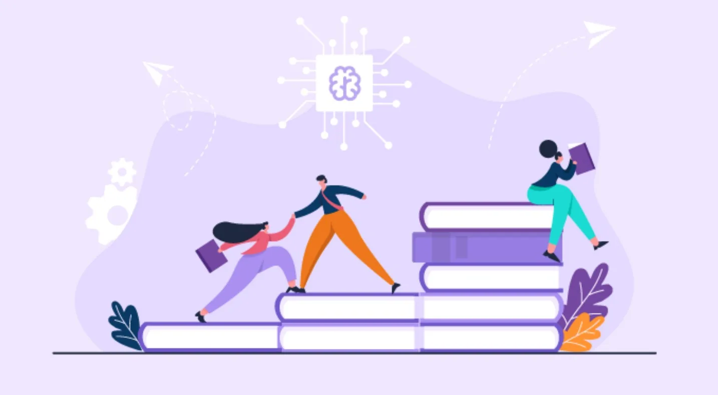 The Power of Collaboration: Enhancing Team Performance Tactics 5 A staircase made of books with people trying to reach the top