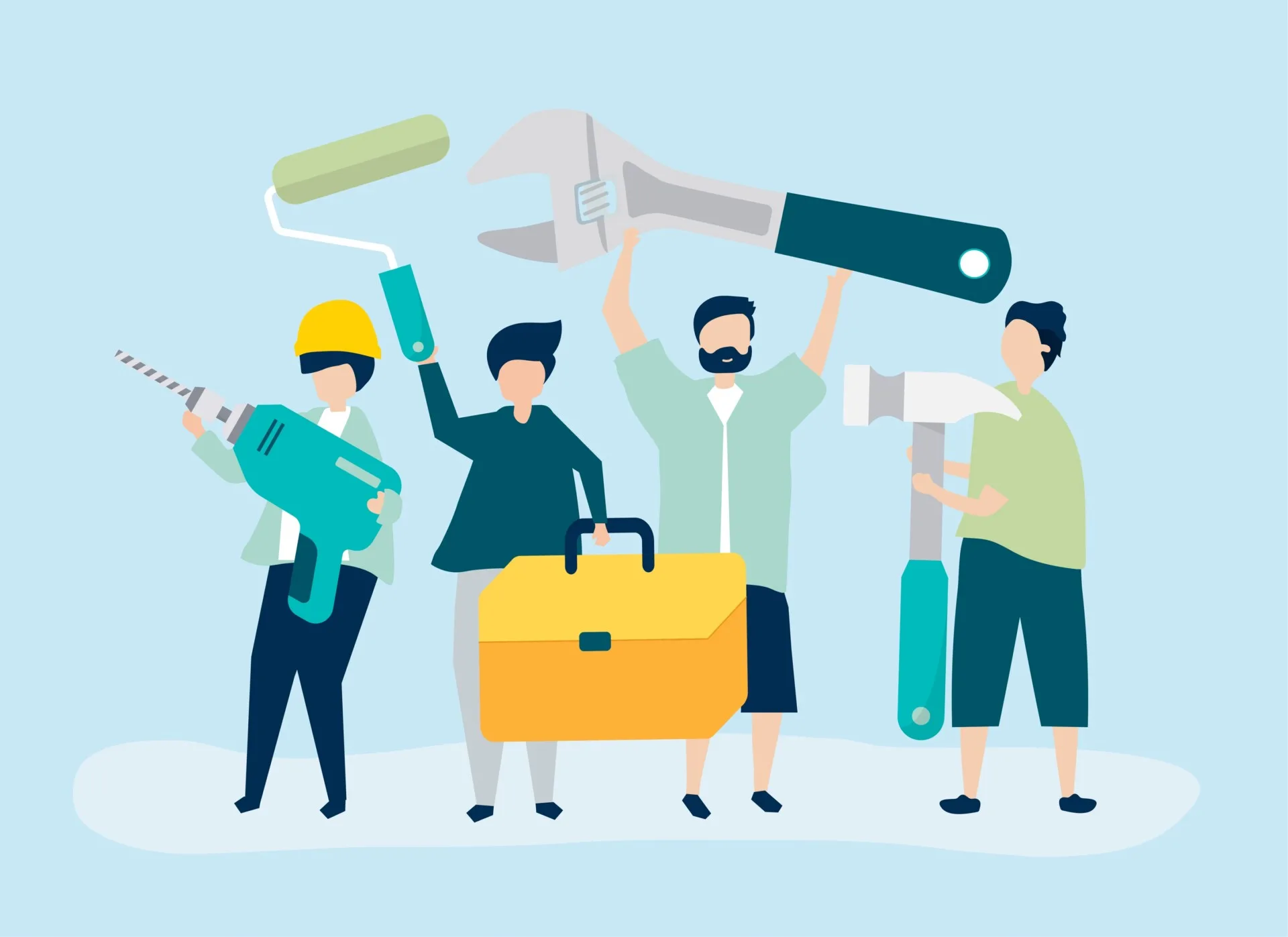 What's New? Discover What Gamma AI Brings to the Table 2 illustrative image of 4 men with different tools in their hands